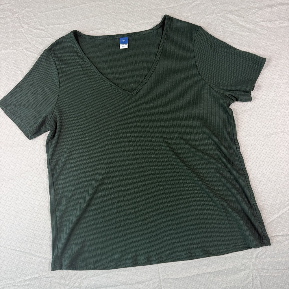 Old Navy Luxe Womens Small Forest Green Ribbed V Neck Short Sleeve Shirt Top